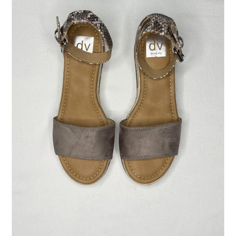 Dolce Vita Baker Sandals Womens 7 Brown Taupe Snake Espadrille Wedge Ankle Strap